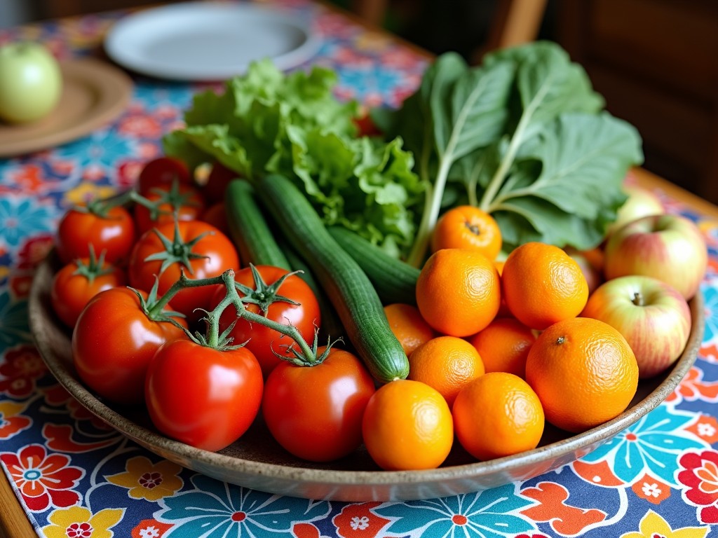 Imagine cu o varietate de fructe și legume proaspete dispuși atrăgător pe o masă.