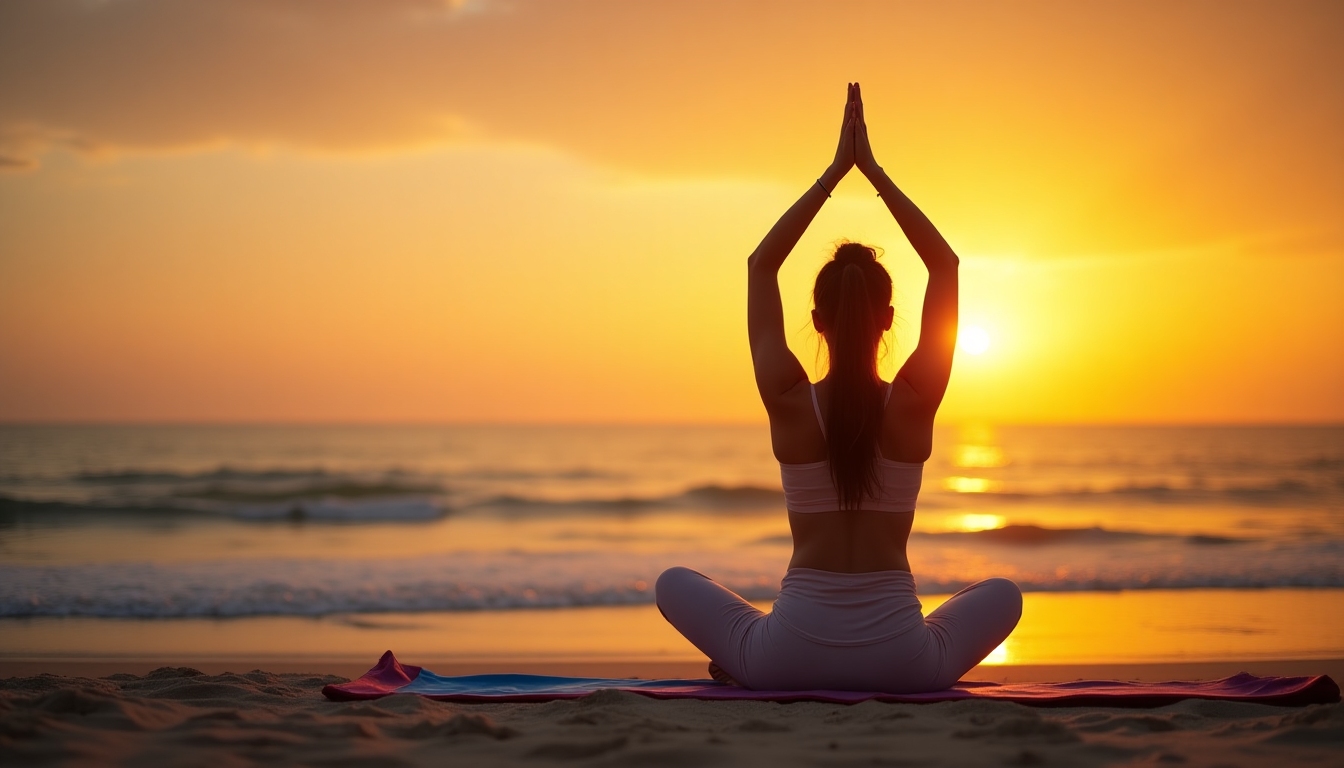 Imagine cu o persoană făcând yoga pe plajă, la apus, într-un cadru relaxant.