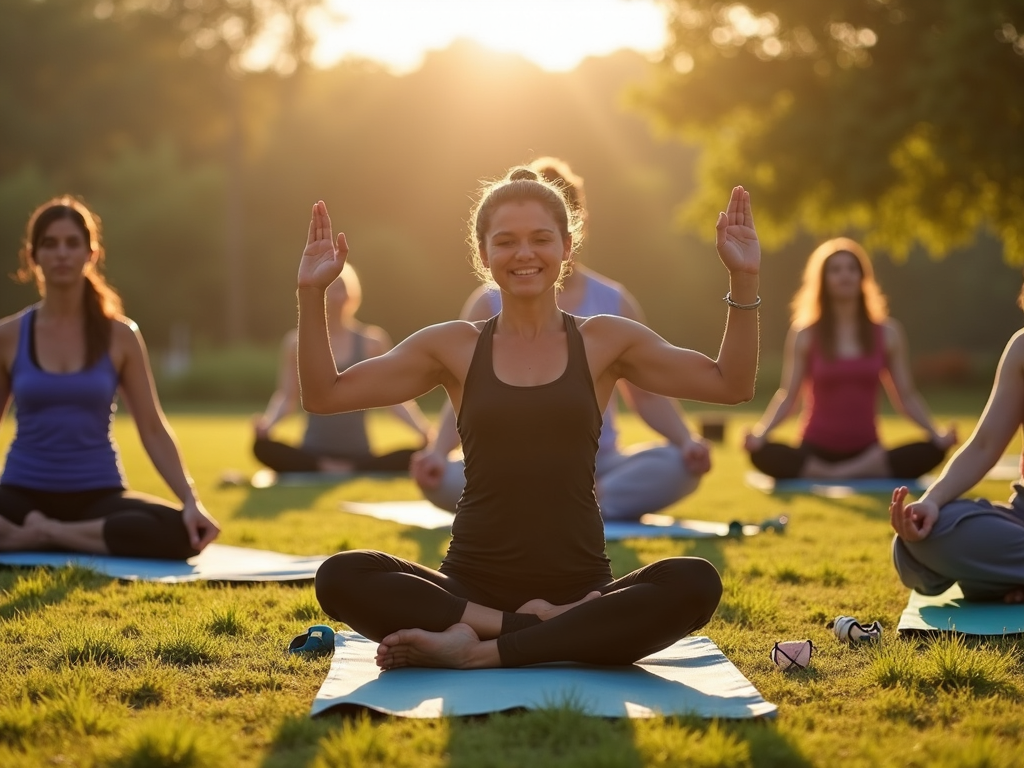 Grup de persoane practicând yoga în aer liber.