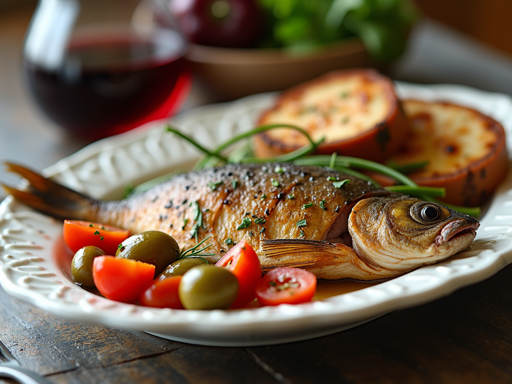 Masă mediteraneană cu pește la grătar, măsline, roșii și un pahar de vin roșu.