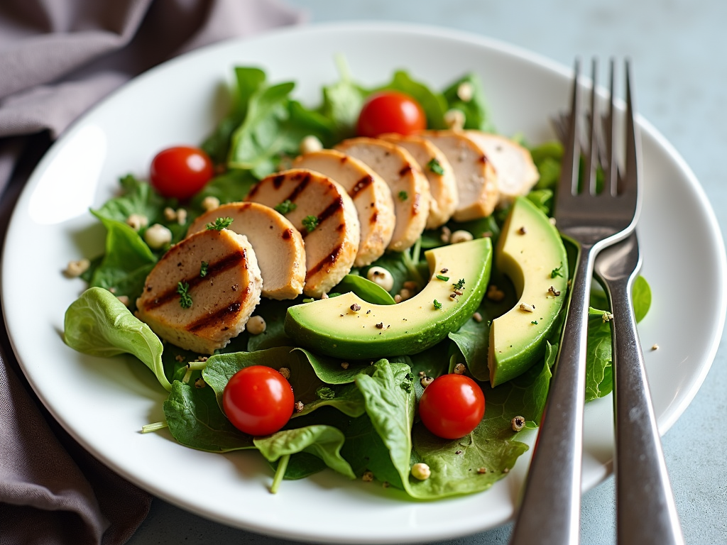 Salată sănătoasă cu pui grill și avocado