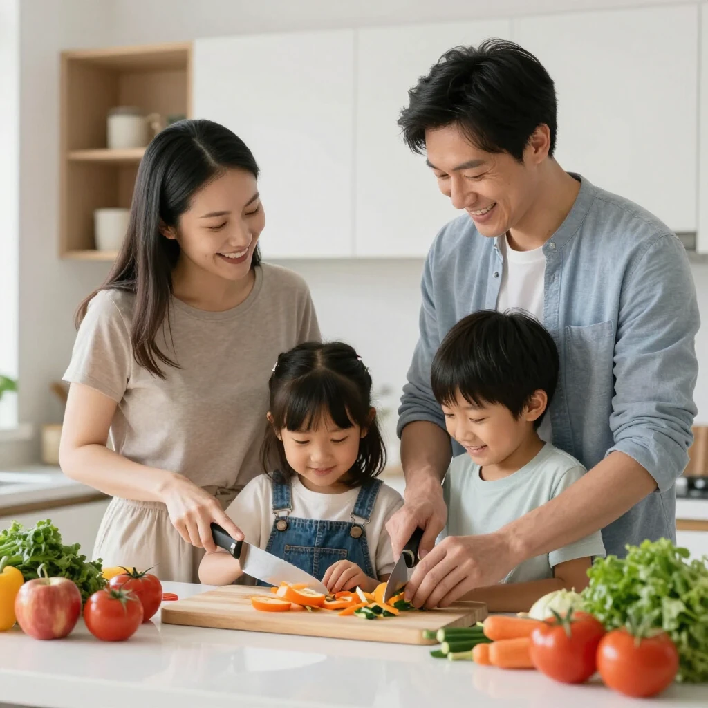 O familie cu părinți și copii pregătind mâncare sănătoasă în bucătărie modernă, tăind legume și râzând împreună