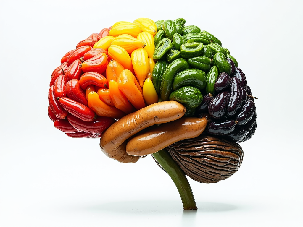 Creier format din fructe și legume colorate, simbolizând legătura dintre nutriție și sănătatea mentală.