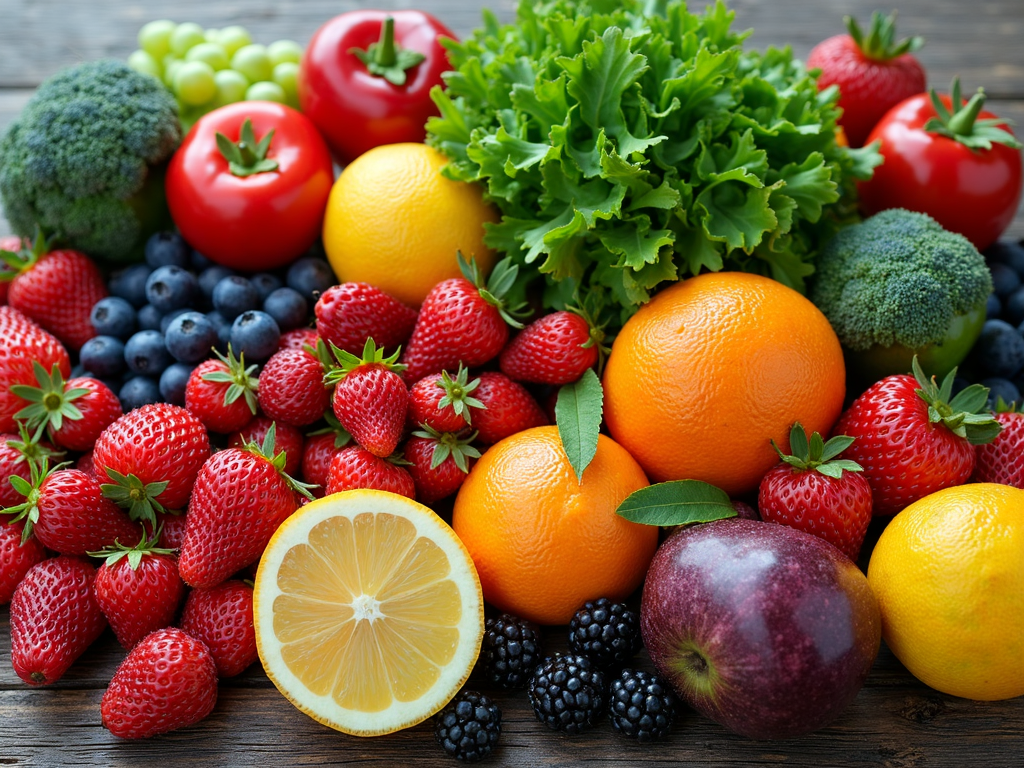 Aranjament colorat de fructe și legume proaspete, simbolizând combinații sănătoase pentru detoxifiere.