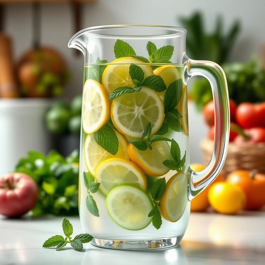 Cana de sticlă cu apă infuzată cu felii de lămâie, castravete și frunze de mentă, așezată pe un blat de bucătărie luminos.