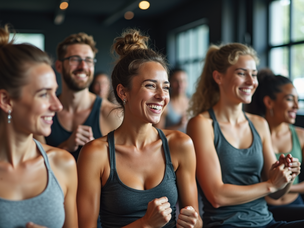 Grup de oameni zâmbitori care se antrenează împreună într-o sală de sport, ilustrând sprijinul și motivația în timpul unui program de slăbit.
