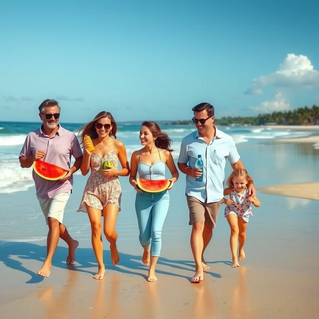 Familie activă cu alimentație sănătoasă pe plajă în vacanță