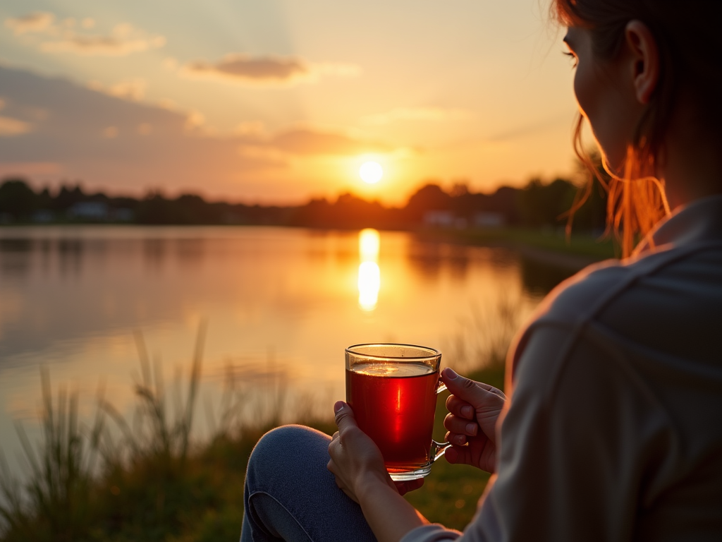 Un răsărit liniștit peste un lac, cu o persoană care bea ceai pe mal, într-o scenă calmă și sănătoasă.