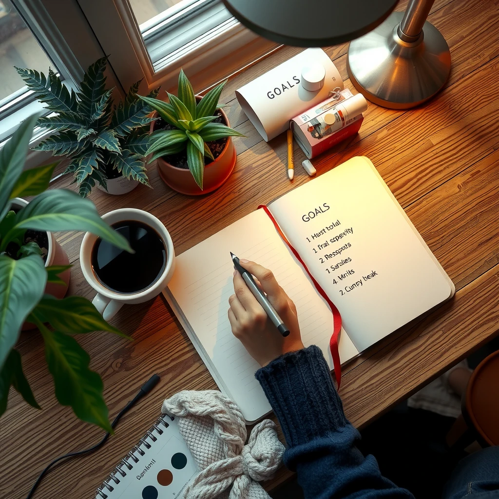O persoană scriind obiective într-un jurnal la un birou cozy, cu cafea și plante lângă ea