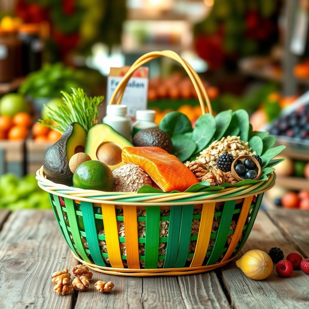 Un coș de cumpărături plin cu alimente sănătoase pentru inimă, precum avocado, somon, ovăz, nuci, spanac și fructe de pădure, așezat pe o suprafață de lemn, cu un fundal de piață agricolă.