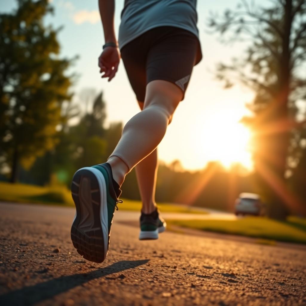 Persoană care aleargă în aer liber într-un parc la răsărit, purtând încălțăminte sportivă și îmbrăcăminte atletică.