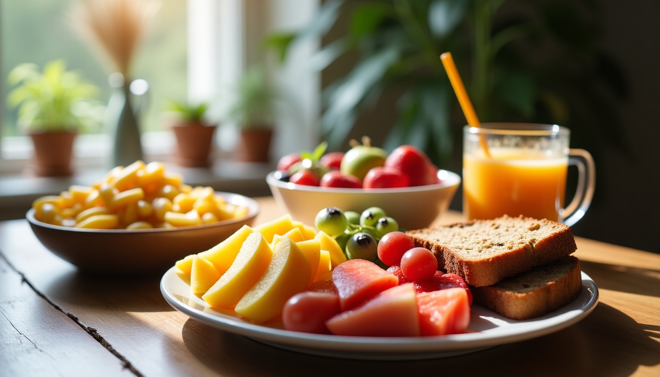 Micul dejun sănătos cu fructe proaspete, pâine integrală și smoothie bowl