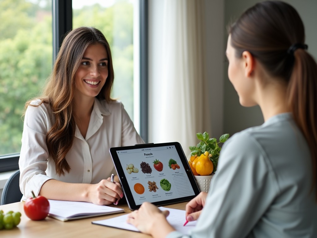 Imagine cu un om în timpul unei consultații cu un nutriționist, făcând un plan de dietă personalizat.
