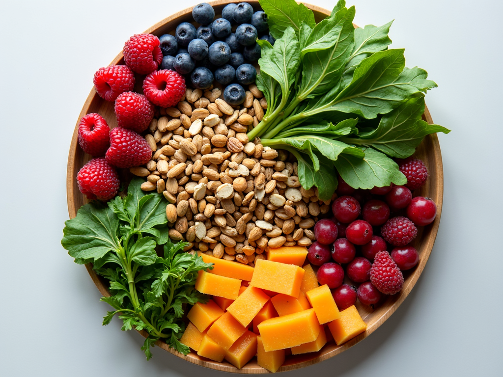 O farfurie colorată cu combinații de alimente sănătoase, inclusiv verdețuri cu frunze, fructe de pădure, nuci și semințe, aranjate artistic pentru a reprezenta o masă de detoxifiere.