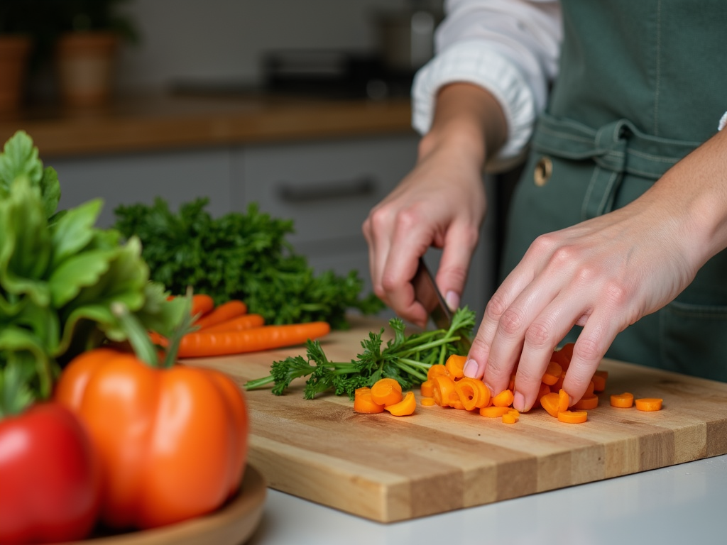 Persoană care pregătește o masă sănătoasă într-o bucătărie primitoare, tăind legume pe un tocător de lemn, cu ingrediente proaspete în jur.
