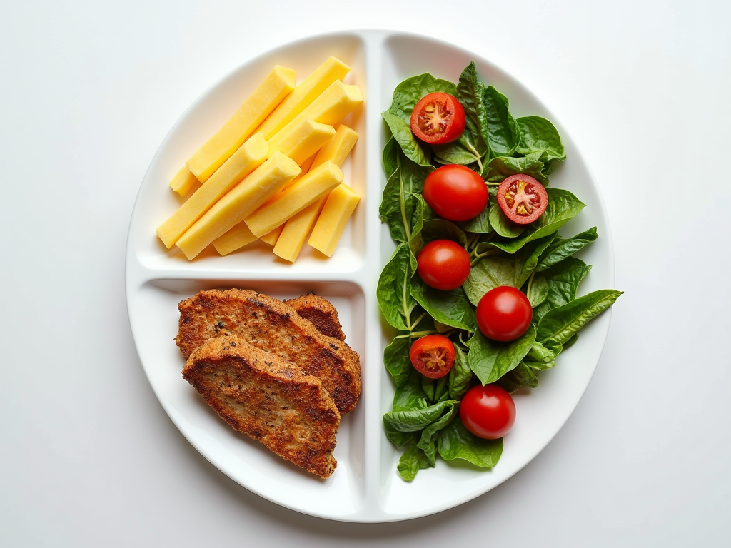 Farfurie echilibrata cu portii de proteine, carbohidrati si legume pentru o masa sanatoasa in regimul de slabit.