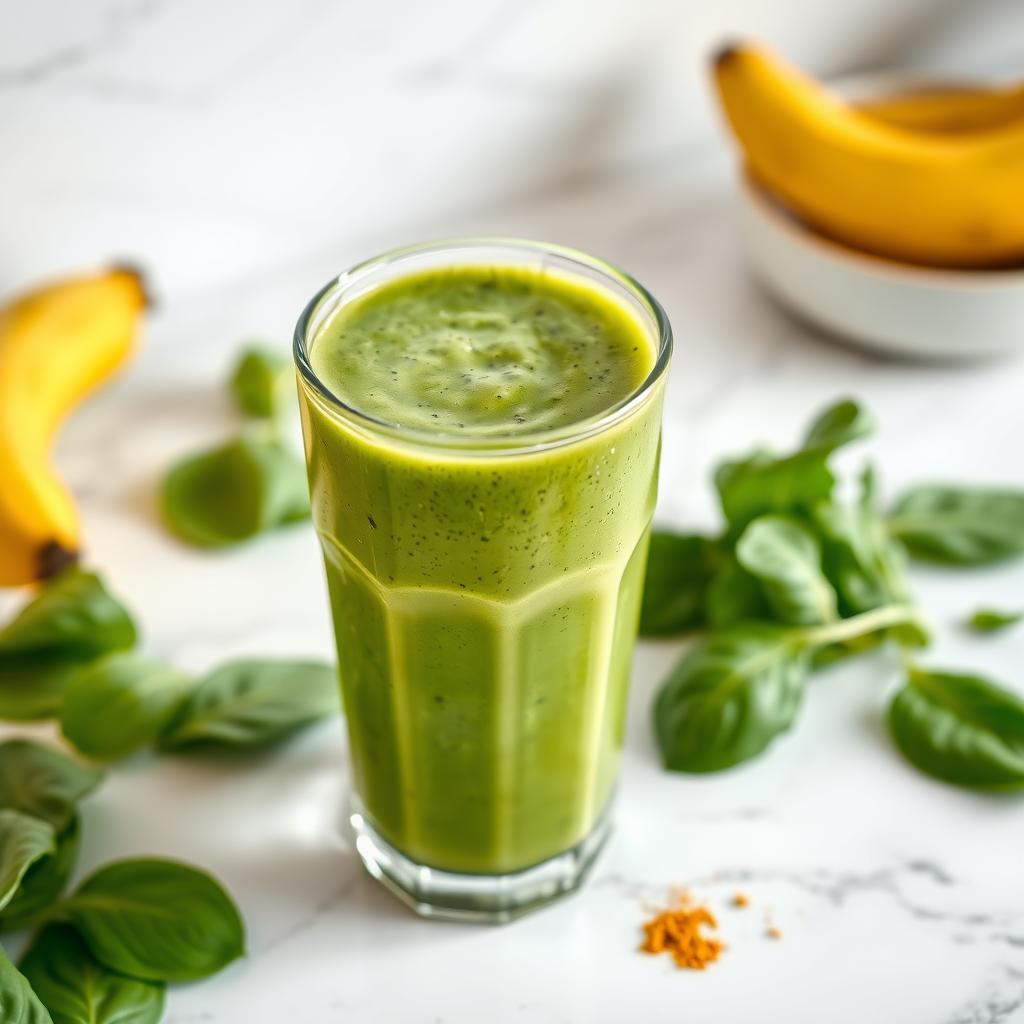 Smoothie verde răcoritor cu spanac, banană, iaurt grecesc și un praf de turmeric, pe un blat de marmură, decorat cu frunze de spanac și o banană.