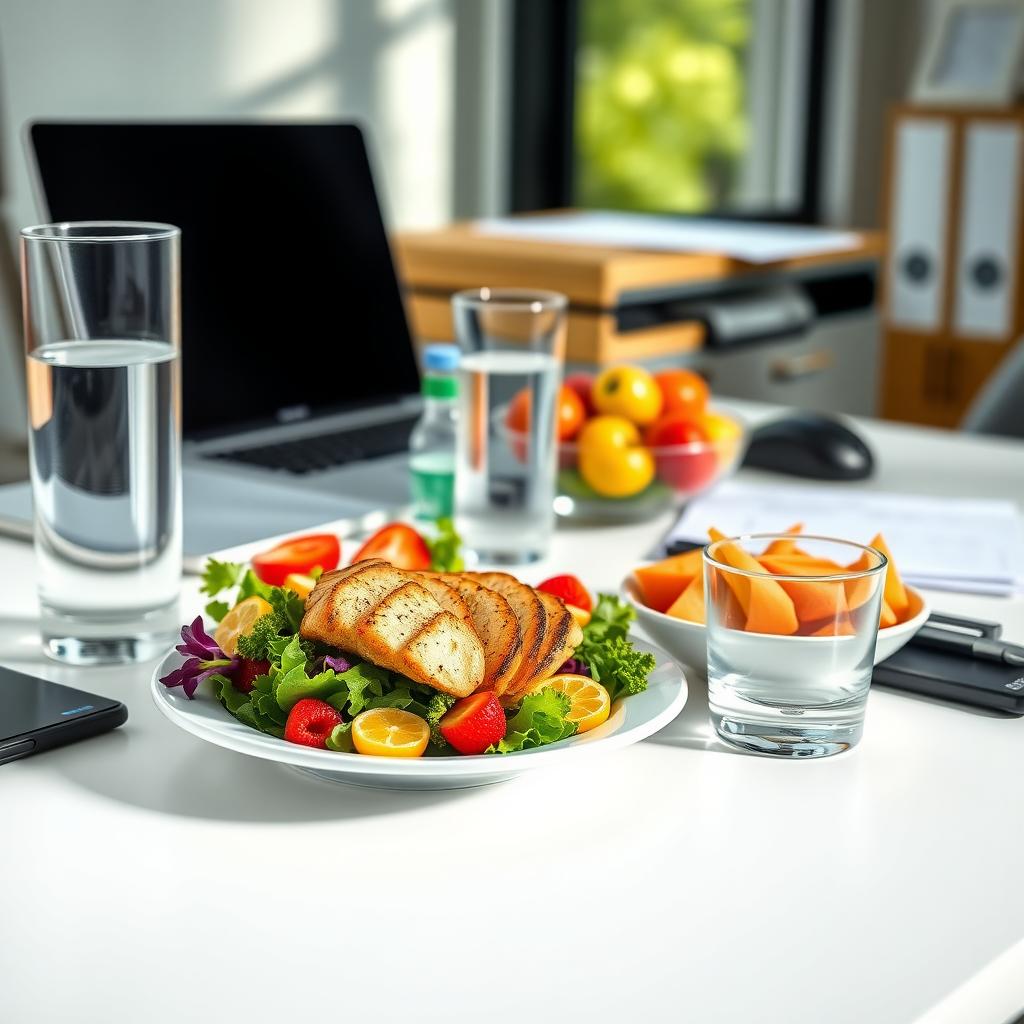 Prânz sănătos pe un birou ordonat, cu o salată colorată, apă și fructe proaspete.
