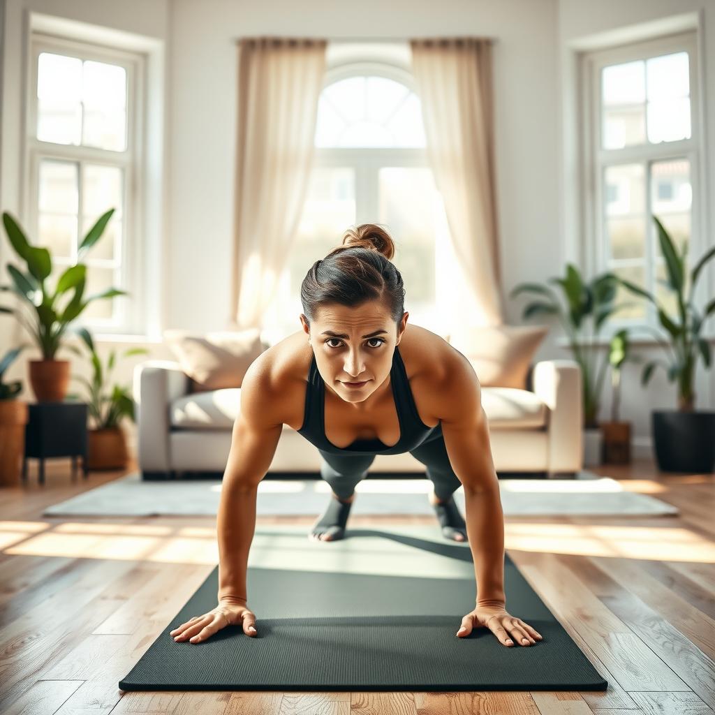 Persoană care execută exercițiul plank într-un living luminos, pe o saltea de yoga, cu o expresie determinată.
