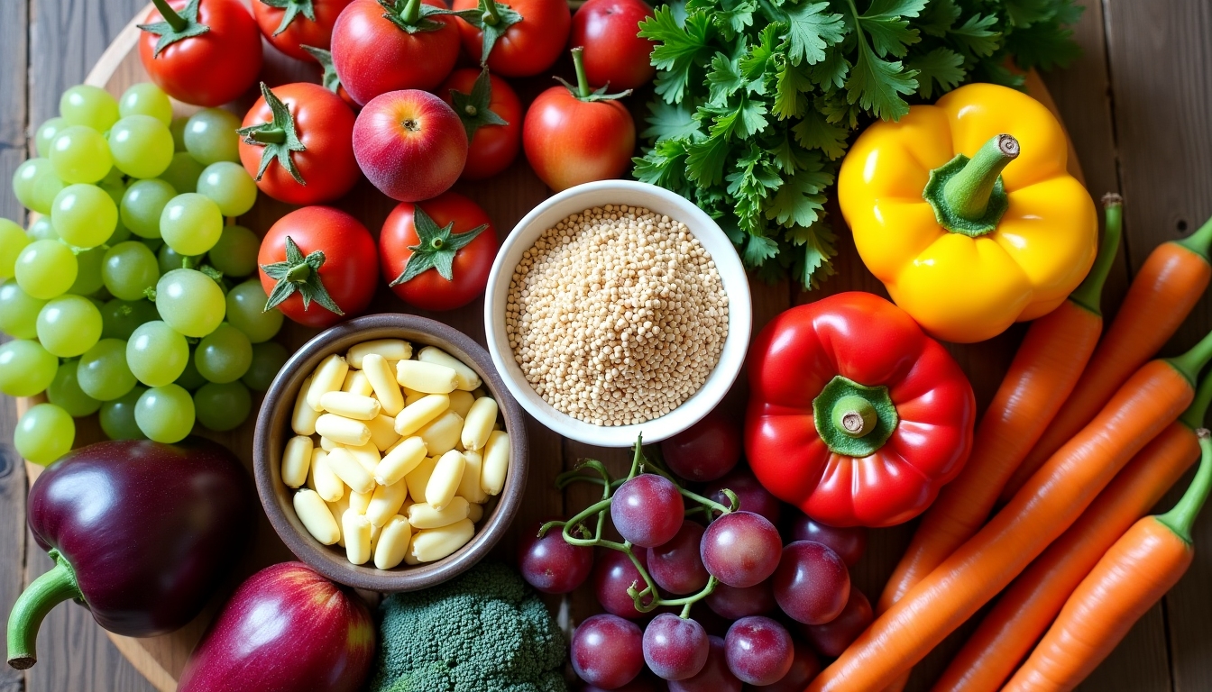 Colorful assortment of healthy foods like fruits, vegetables, and grains on a table.