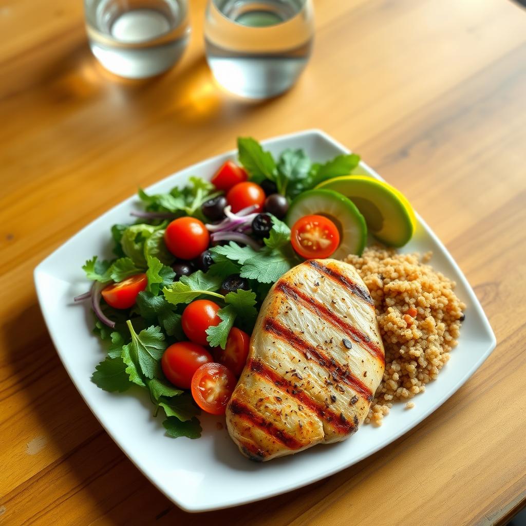 Farfurie cu o masă sănătoasă formată din piept de pui la grătar, salată proaspătă și quinoa, pe o masă de lemn.