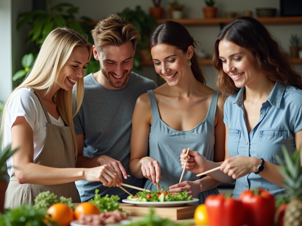 Grup de prieteni care gătesc împreună o masă sănătoasă, subliniind aspectul social al menținerii unui stil de viață sănătos.