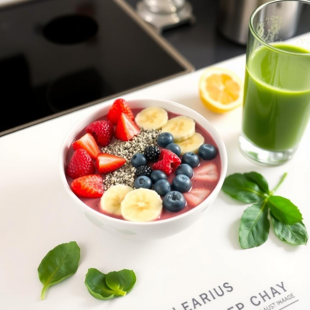 Bol cu smoothie colorat, decorat cu fructe de pădure și semințe de chia, lângă un pahar cu smoothie verde.