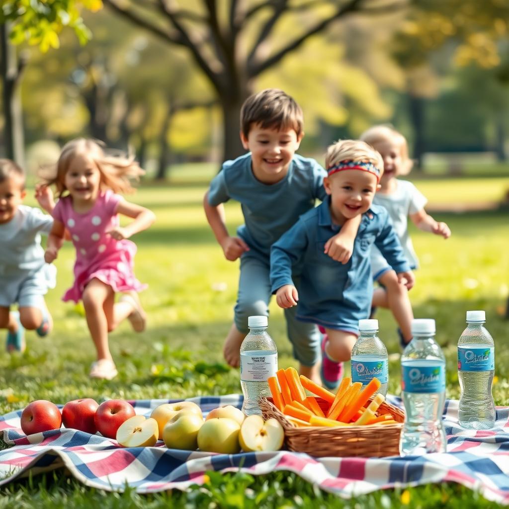 Un grup de copii care se joacă în aer liber într-un parc, alergând și râzând, cu o pătură de picnic în fundal, plină cu gustări sănătoase precum mere, bețișoare de morcovi și sticle de apă.