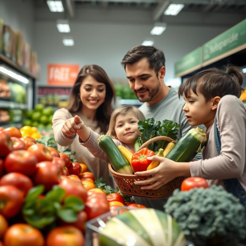 O familie alegând legume proaspete, cum ar fi ardei gras, dovlecei și kale, într-un magazin alimentar modern.