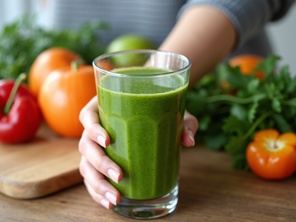 O persoană care ține un pahar cu smoothie verde, cu fructe și legume proaspete în fundal, simbolizând o dietă de detoxifiere.