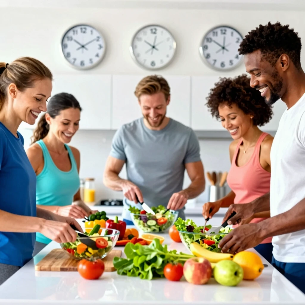 Oameni pregătesc mese sănătoase în bucătărie în timpul ferestrei de alimentație