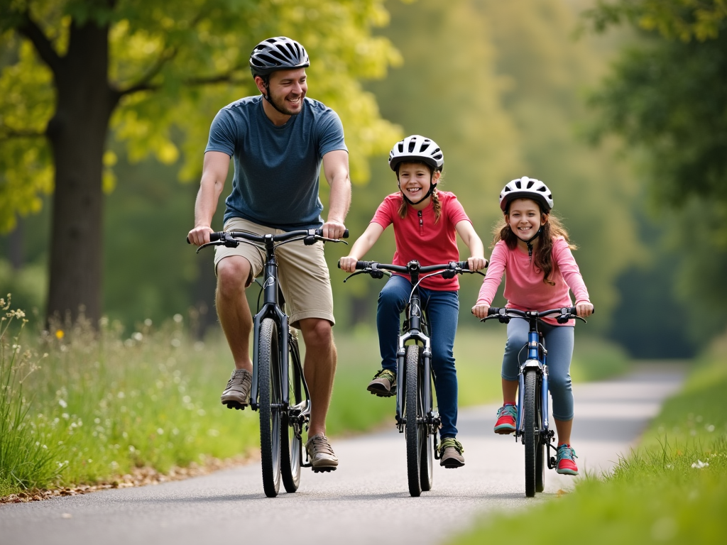 Familie care merge cu bicicleta împreună pe o pistă.