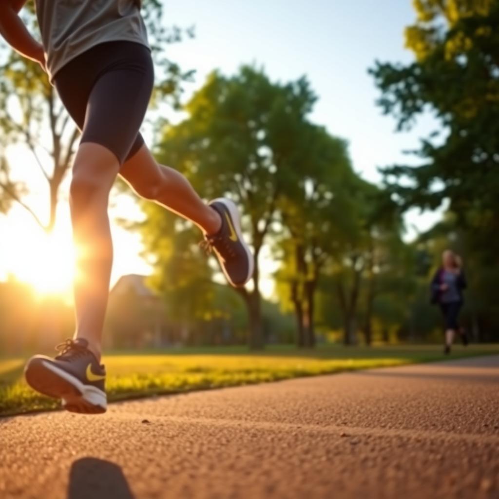 Persoană care aleargă în parc la răsărit, purtând haine sport confortabile și adidași, cu copaci verzi și cer senin pe fundal.