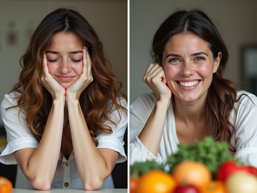 O comparație înainte și după care arată aceeași persoană obosită și stresată într-o imagine și vibrantă și fericită în cealaltă, cu alegeri alimentare sănătoase vizibile în fundal.