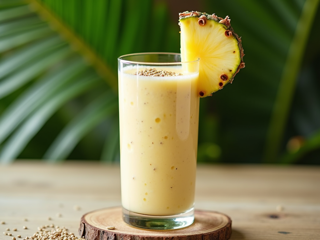 Smoothie tropical cremos într-un pahar înalt, decorat cu o felie de ananas și semințe de in, pe o masă cu tematică tropicală și frunze de palmier.