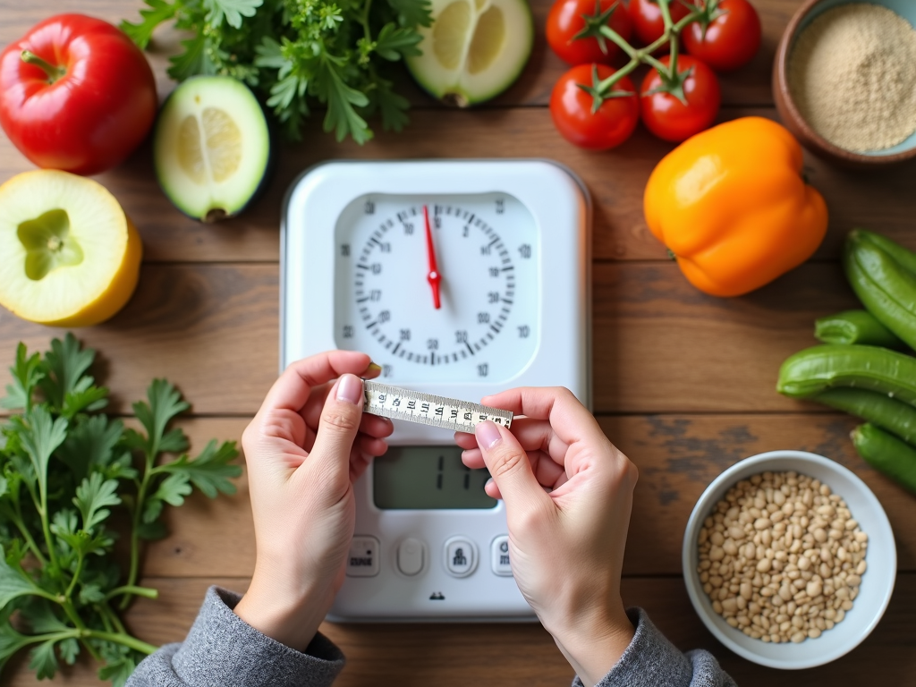 Persoană care măsoară porțiile de mâncare cu un cântar de bucătărie, înconjurată de ingrediente sănătoase precum fructe, legume și cereale integrale.