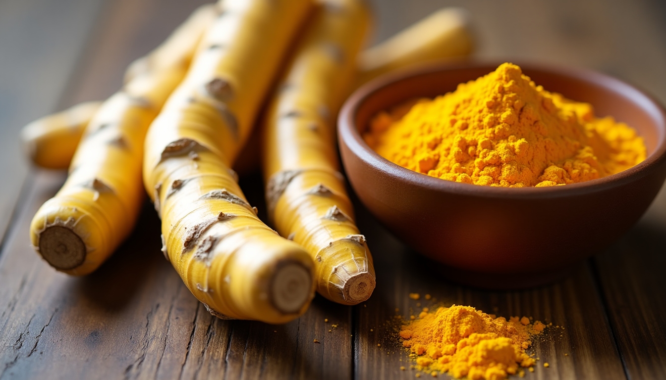 Rădăcină de turmeric proaspătă și pudră de turmeric