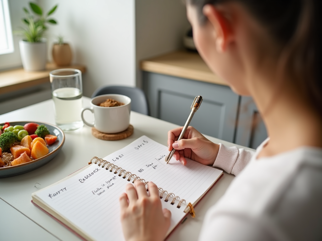 Persoană care își notează obiectivele de slăbit într-un jurnal, cu o masă sănătoasă și un pahar de apă pe masă.