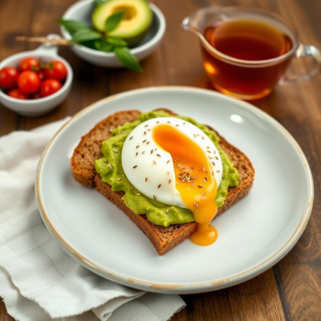 Felie de pâine integrală prăjită, acoperită cu avocado pasat, un ou poșat și semințe de susan, alături de un bol cu roșii cherry și o ceașcă de ceai de plante, pe o masă de lemn cu un șervet de in.