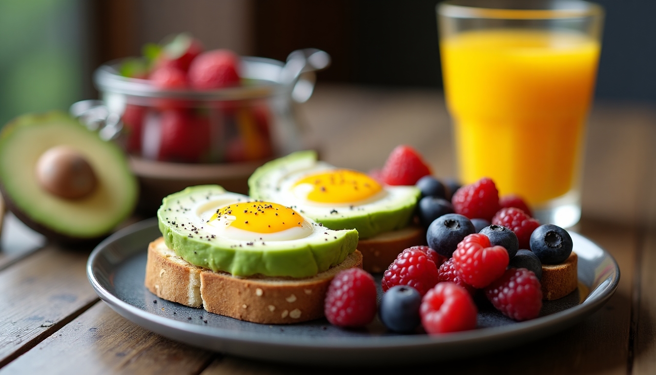 Un mic dejun colorat și sănătos cu toast integral, avocado, ouă poșate, fructe de pădure proaspete și un pahar de suc de portocale, aranjate pe o masă rustică din lemn cu lumină naturală.