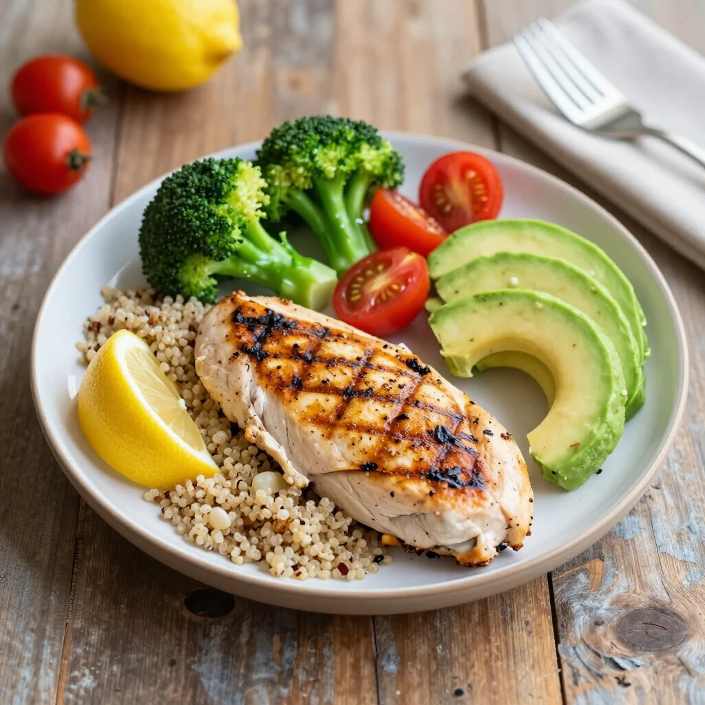 Farfurie colorată cu masă echilibrată: piept de pui la grătar, quinoa, broccoli aburit, roșii cherry și avocado