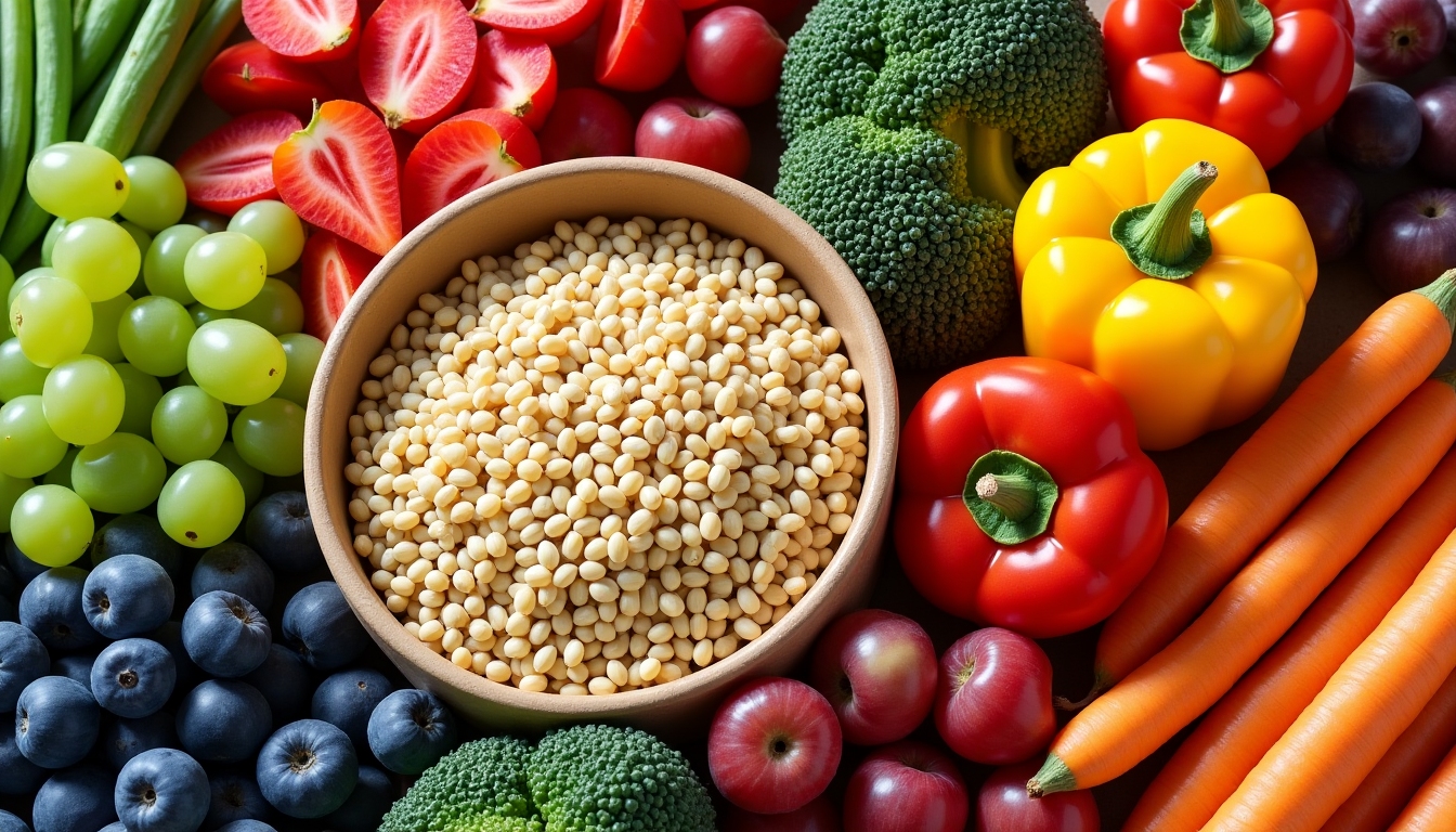 O gamă colorată de alimente sănătoase, incluzând fructe, legume, cereale integrale și proteine slabe, aranjate într-un mod care pare apetisant și invitant.
