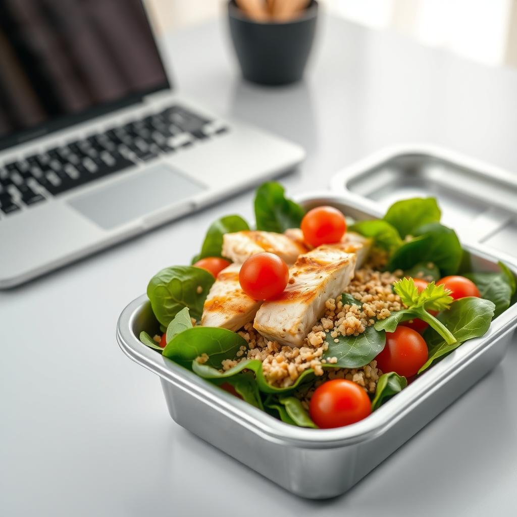 Prânz sănătos la birou, cu o salată colorată din piept de pui la grătar, quinoa, roșii cherry, spanac și dressing ușor, servită într-o cutie de prânz pe un birou modern.