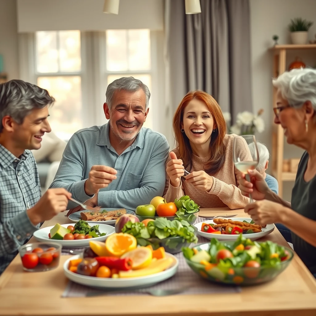 O familie multigenerațională fericită luând cina sănătoasă împreună, cu legume proaspete, fructe și cereale integrale pe masă