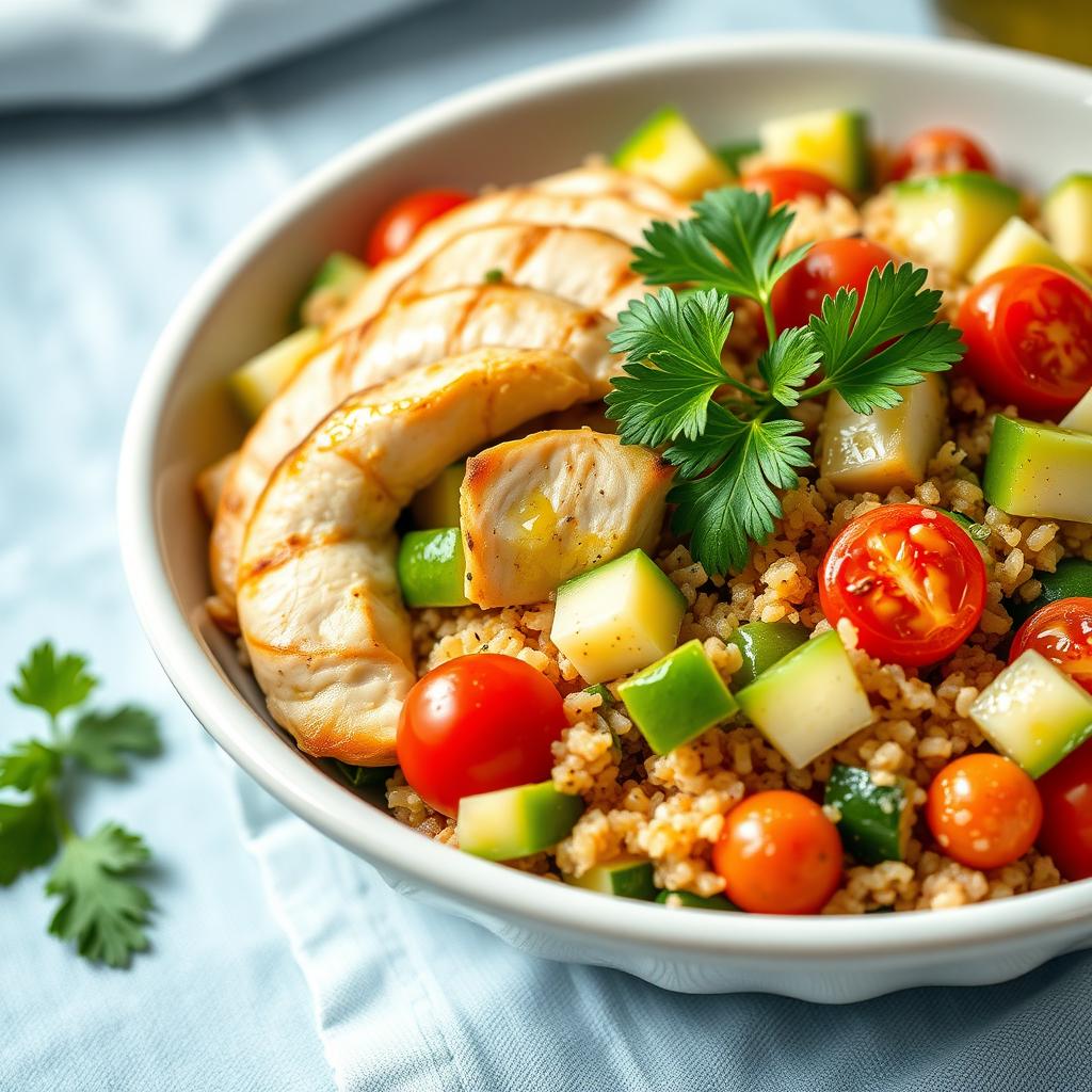 Salată de quinoa cu felii de pui la grătar, avocado, roșii cherry și castravete, stropită cu ulei de măsline și suc de lămâie, servită într-un bol alb de ceramică.