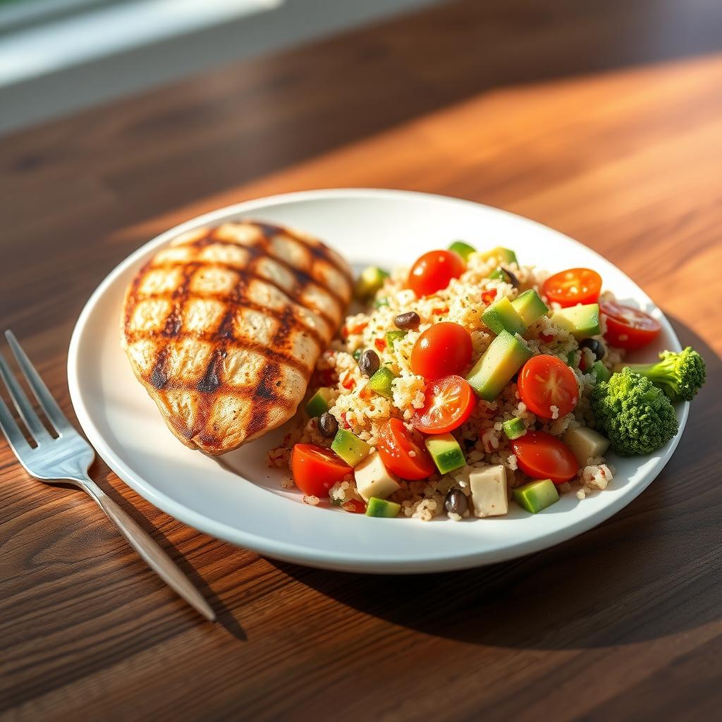 Farfurie cu mâncare sănătoasă, inclusiv piept de pui la grătar, salată de quinoa și broccoli, pe o masă din lemn.