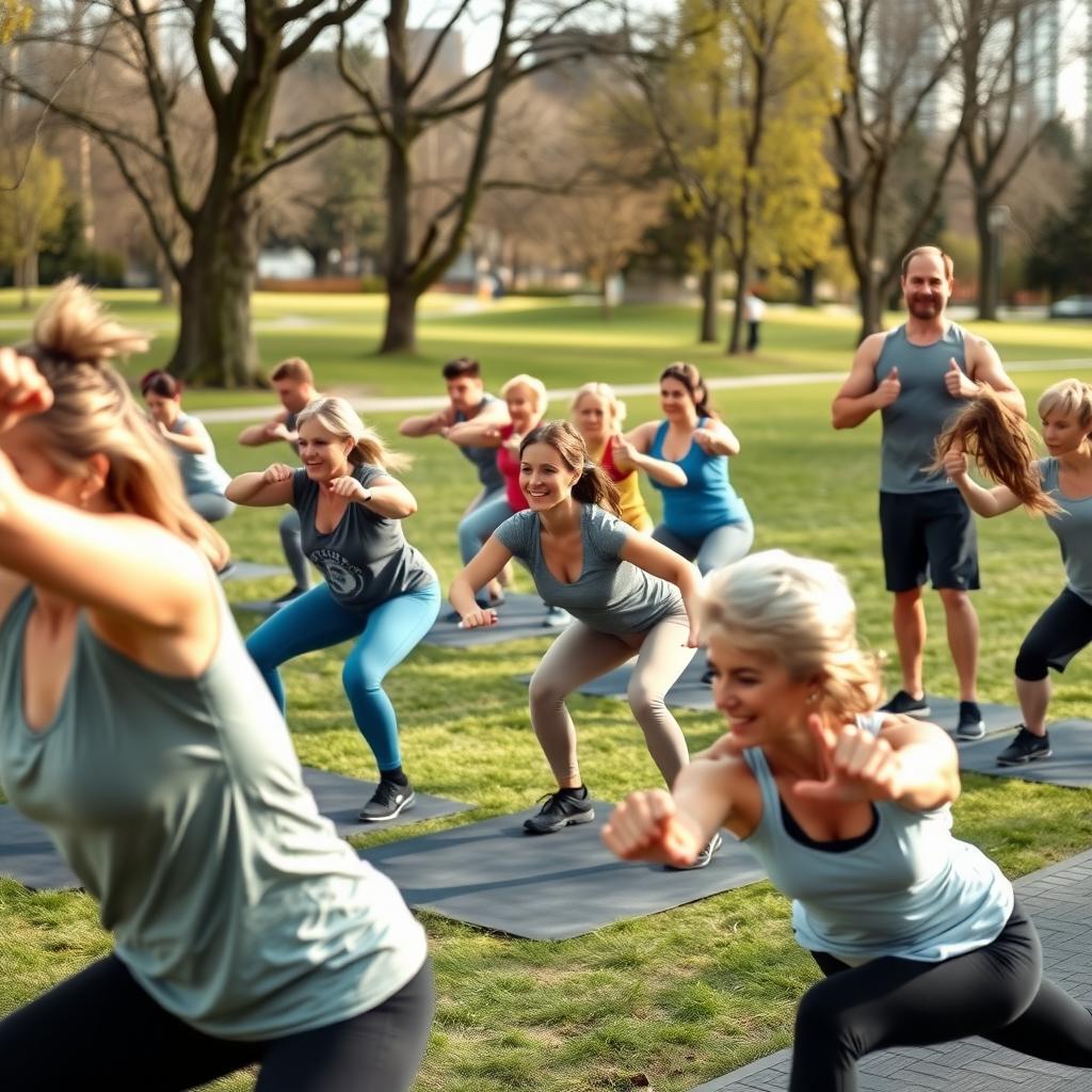 Un grup de persoane diverse participă la o clasă de fitness în aer liber, făcând exerciții cu greutatea corpului, sub îndrumarea unui antrenor.
