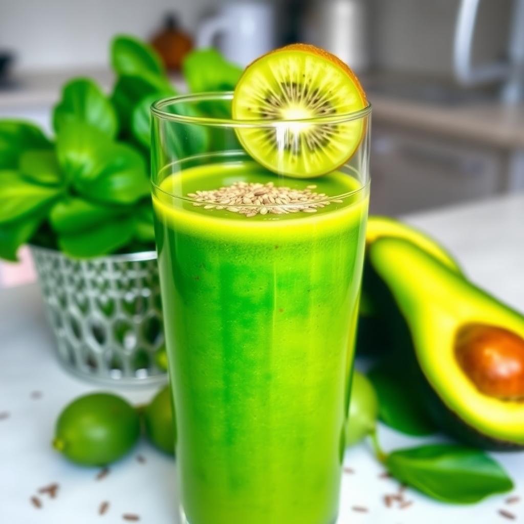 Pahar înalt cu smoothie verde, decorat cu semințe de in și o felie de kiwi pe margine, pe un blat de bucătărie cu frunze de spanac și avocado proaspăt.