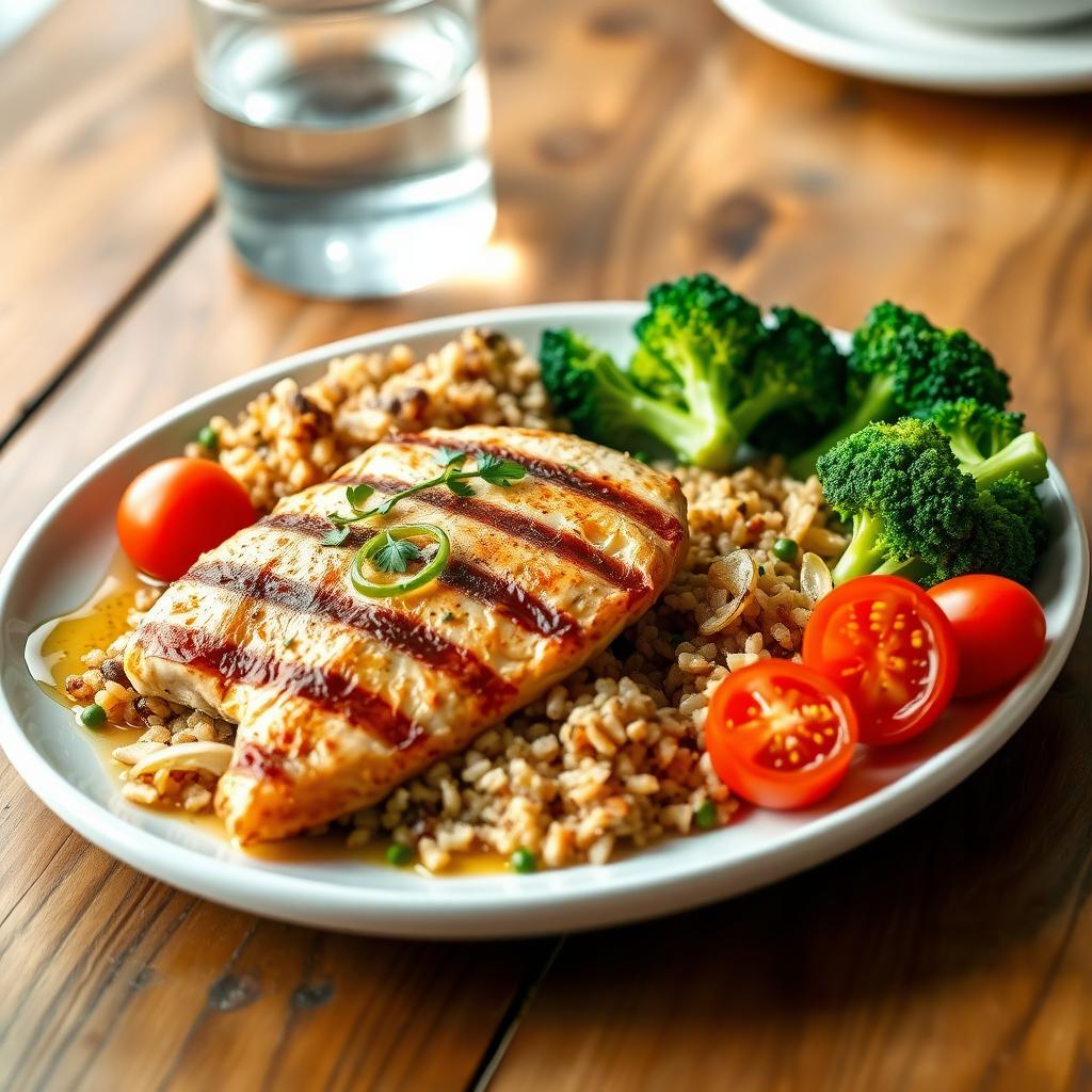 O farfurie colorată cu o masă echilibrată, conținând piept de pui la grătar, quinoa, broccoli aburit, roșii cherry și un strop de ulei de măsline, așezată pe o masă rustică din lemn.