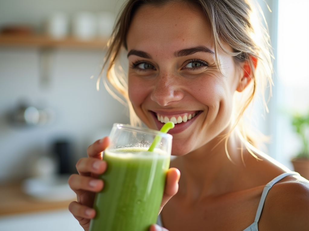 Persoană savurând un smoothie verde sănătos